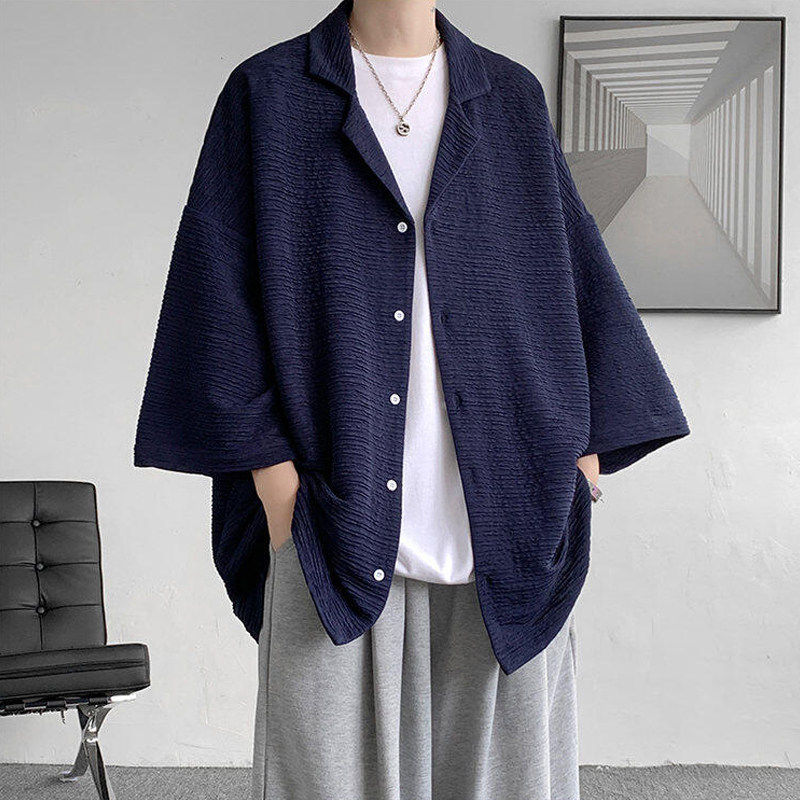 冰丝短袖衬衫男夏季七分袖薄款衬衫宽松慵懒风高级感痞帅防晒外套