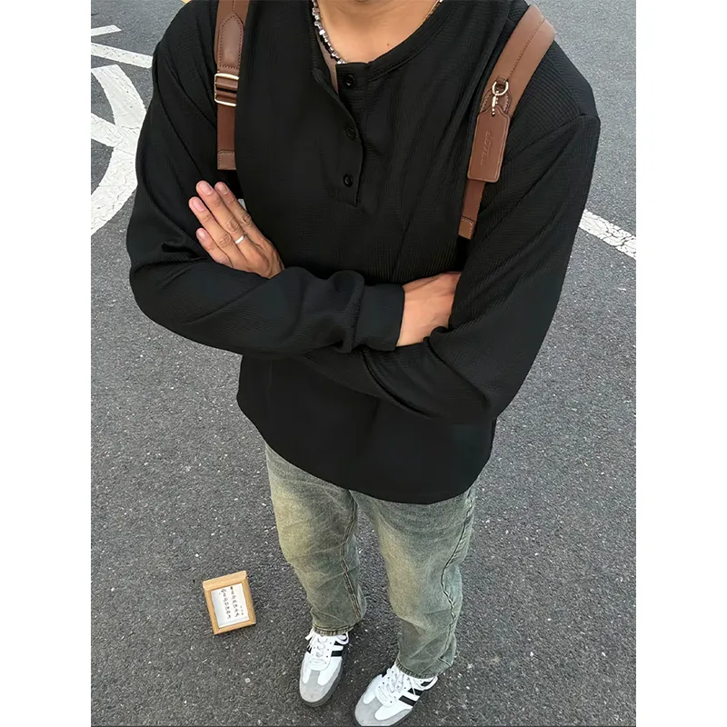 黑色美式亨利领长袖t恤男春季华夫格卫衣外穿潮牌宽松打底衫上衣