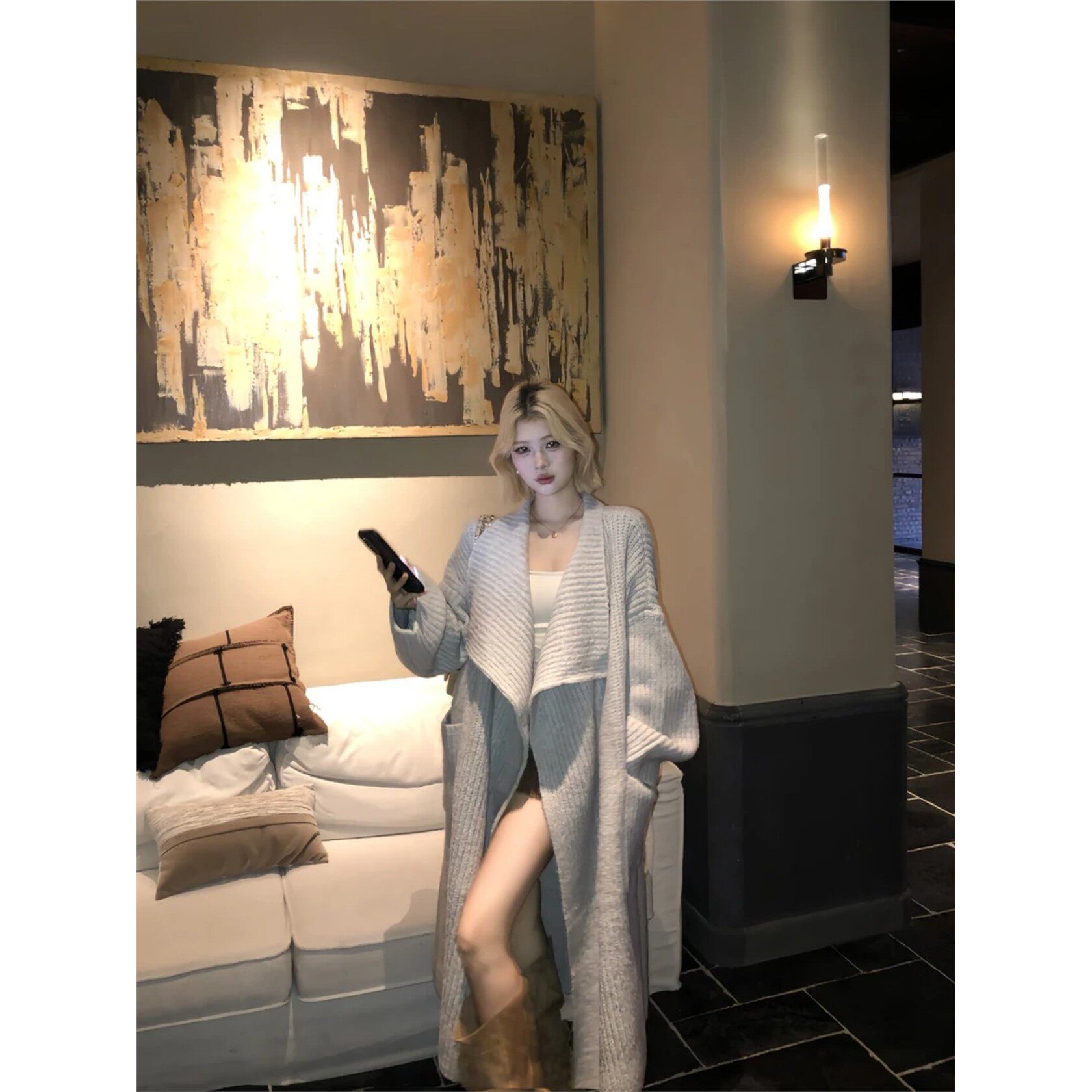 韩系慵懒翻领毛衣外套女春秋季高级感气质宽松针织开衫中长款上衣