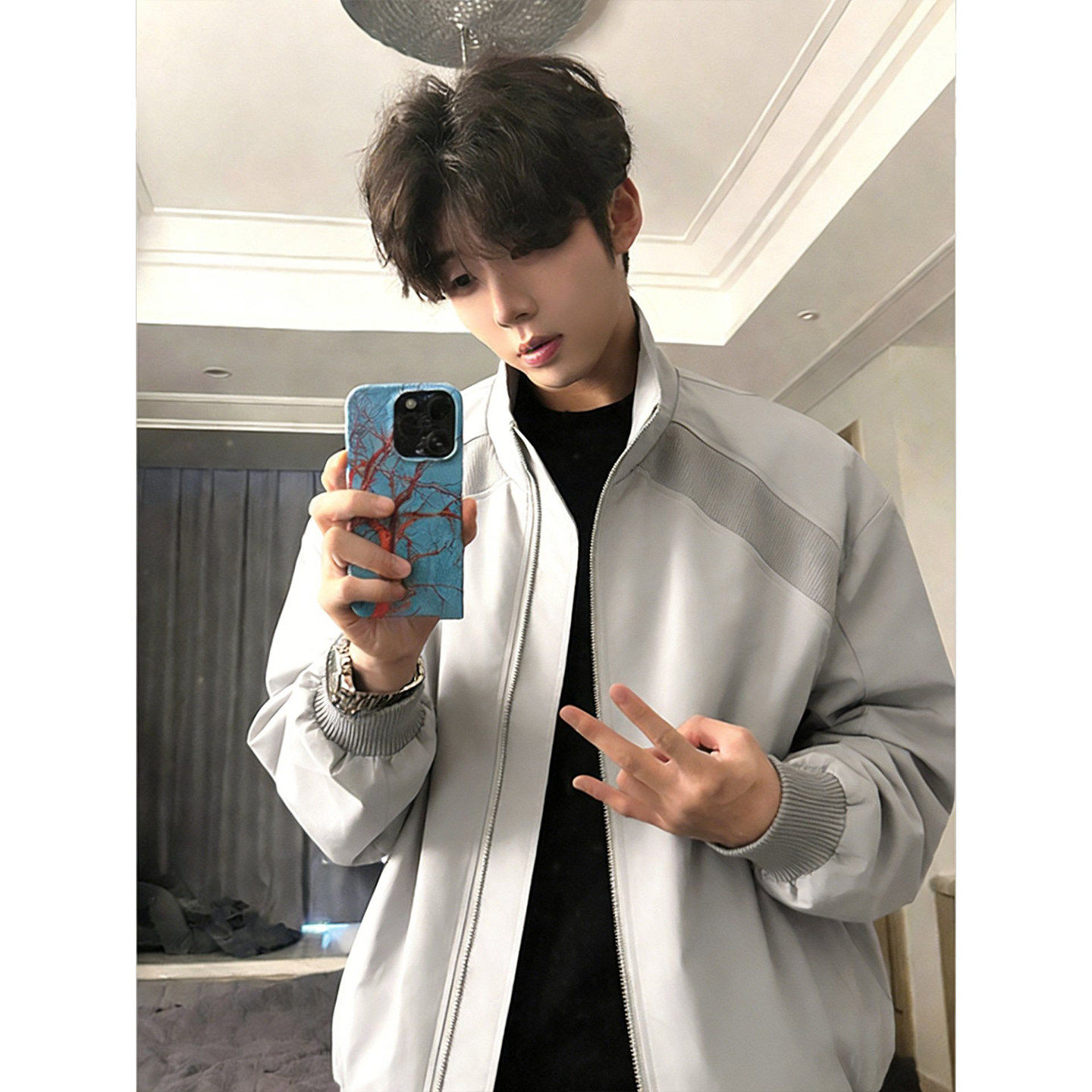 cleanfit灰色短款外套男款春季美式拼接立领飞行员夹克高街棒球服