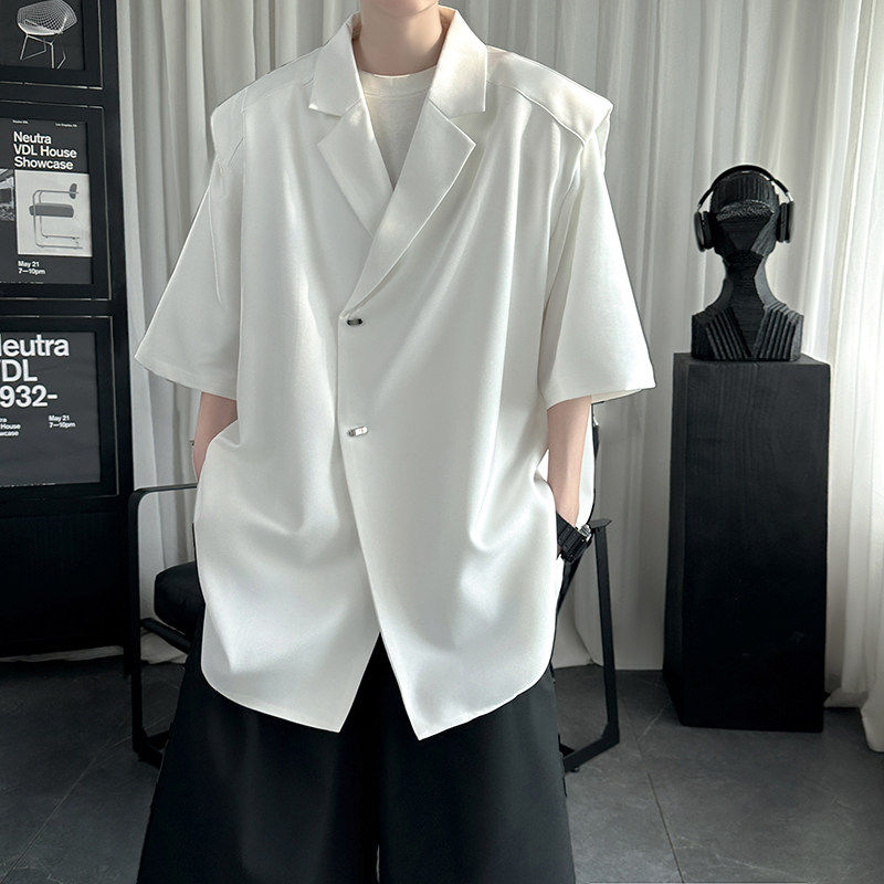 古巴领假两件短袖衬衫男高级感设计感小众痞帅上衣夏季半袖衬衣薄