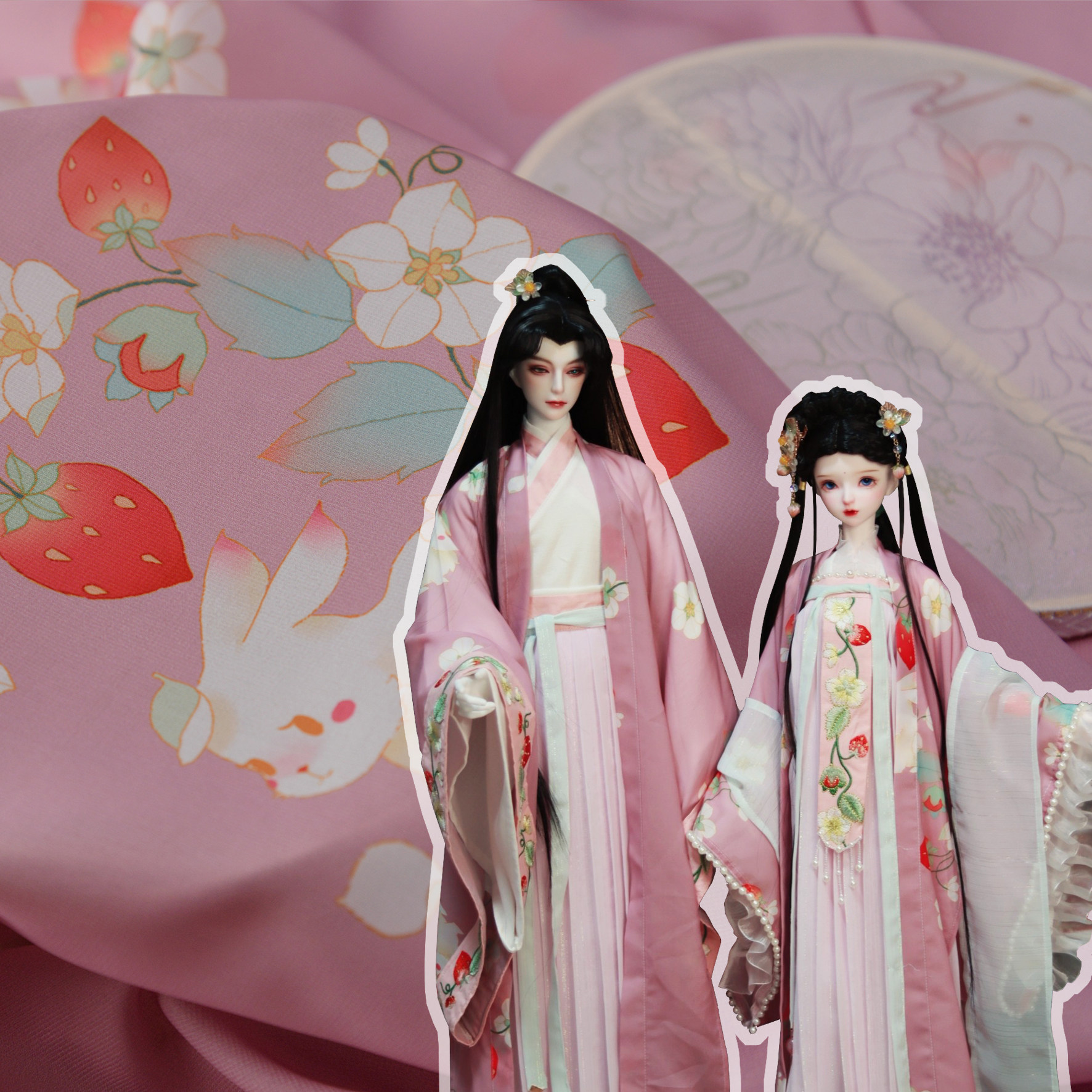 草莓兔数码印花雪纺lo娘汉服褙子上襦襦裙褶裙半臂布面料玉猫小阁