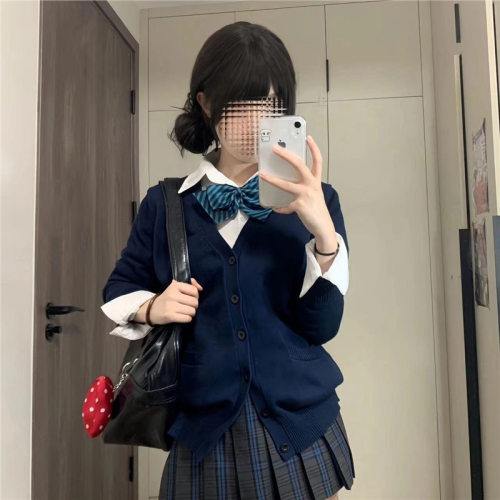 原创JK制服毛衣外套女早秋学院风宽松针织校供感开衫薄款长袖上衣