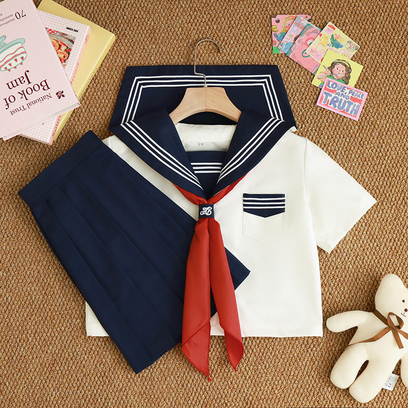 jk制服基础款改良白三本水手服长袖海军领日系套装学生校服短袖