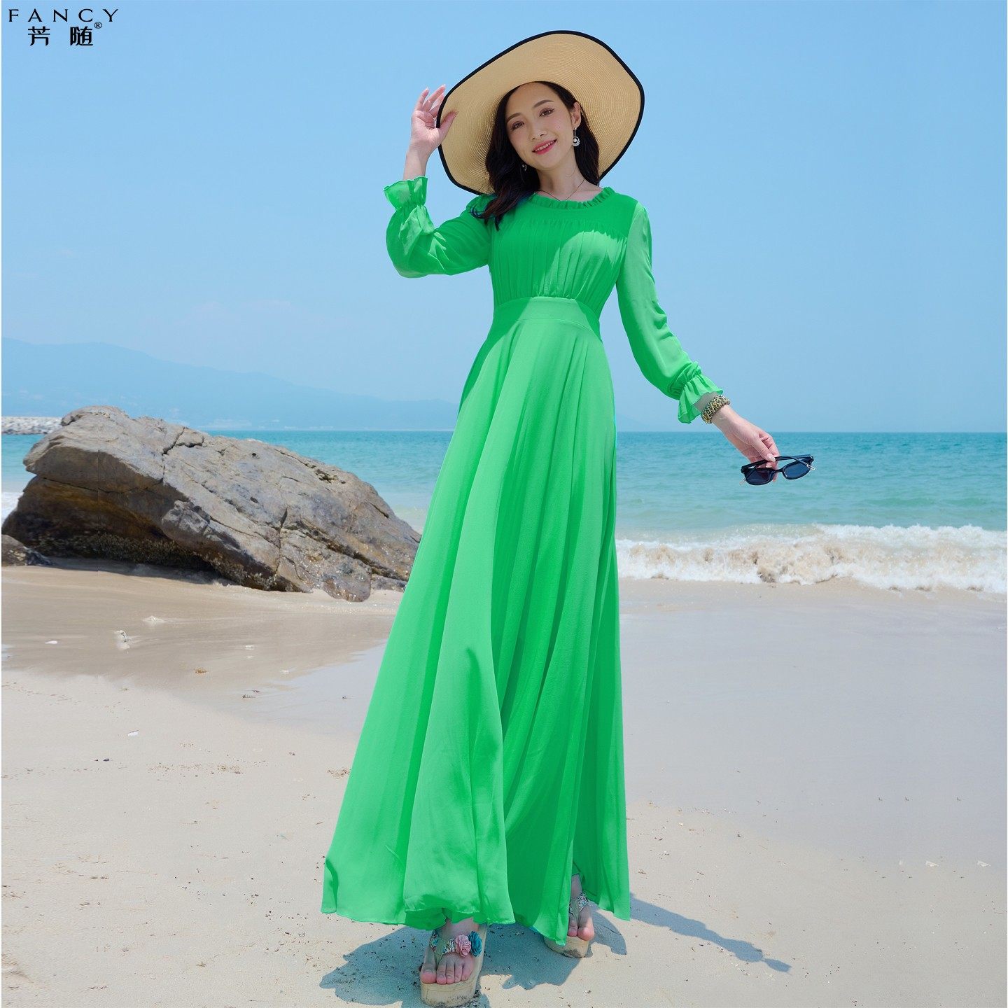 沙滩裙女2026早春新款时尚收腰显瘦名媛气质长袖宴会雪纺过膝长裙 - 淘宝联盟商品