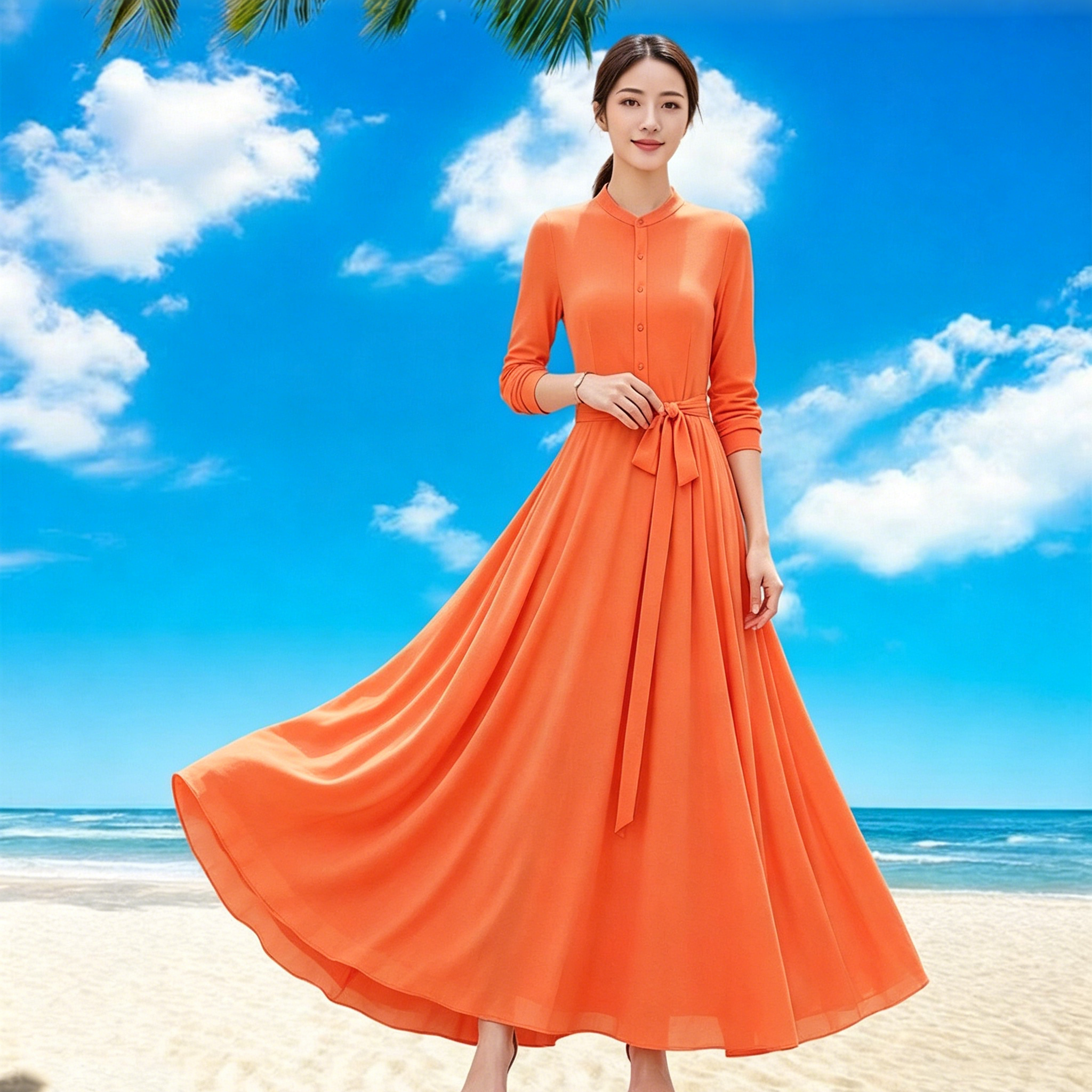 橘色长袖连衣裙女2026年新款系带收腰显瘦大摆气质衬衫领拍照长裙