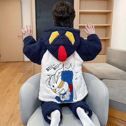 2024新款冬季男童睡衣儿童奥特曼男孩加厚款三层夹棉珊瑚绒家居服