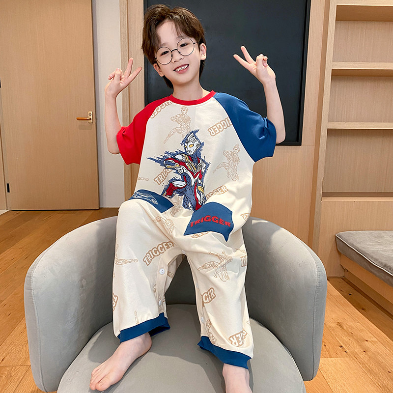 男童连体睡衣纯棉透气薄款短袖儿童防着凉连身家居服奥特曼小男孩