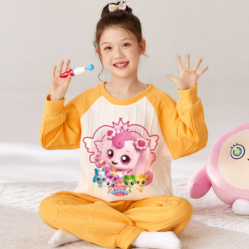爱心萌可睡衣女童秋冬款夹层空气棉加厚保暖家居服女孩子长袖童装
