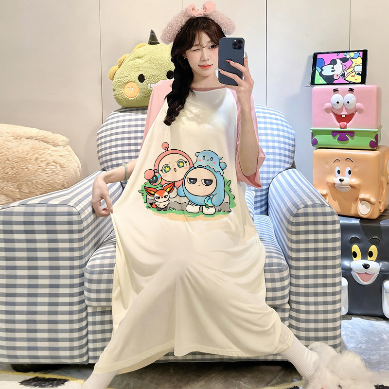 女款蛋仔睡裙夏季短袖睡衣莫代尔少女家居服初中生薄款冰丝空调服