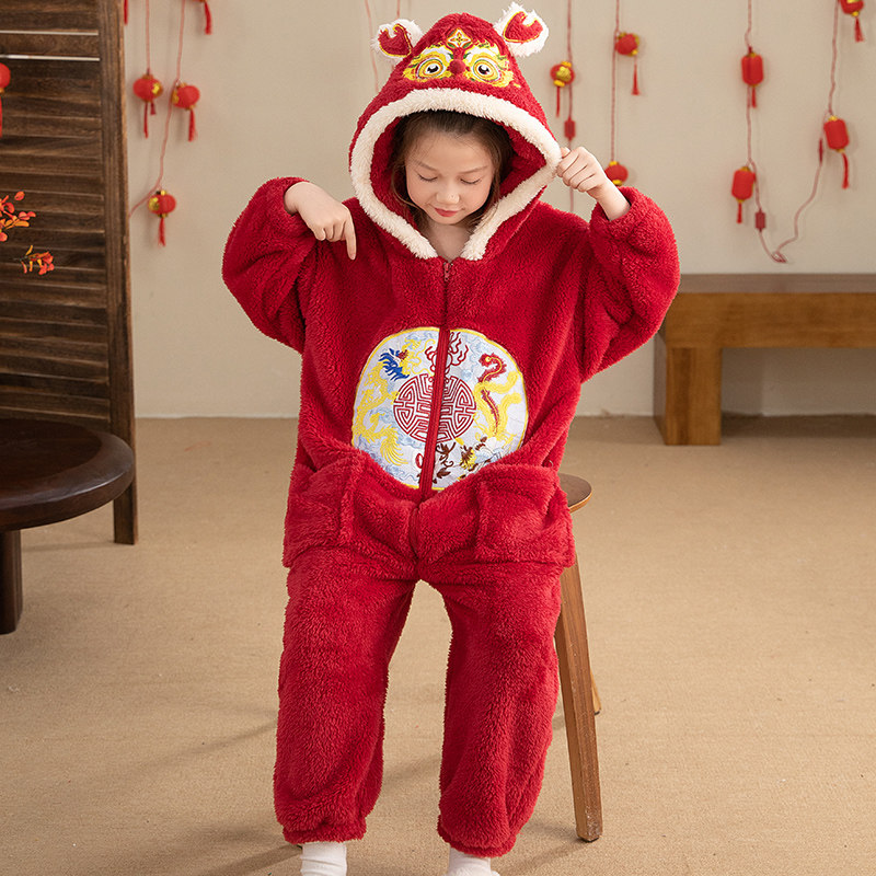 儿童睡袋秋冬款珊瑚绒女童连体睡衣冬季家居服女孩红色本命年衣服