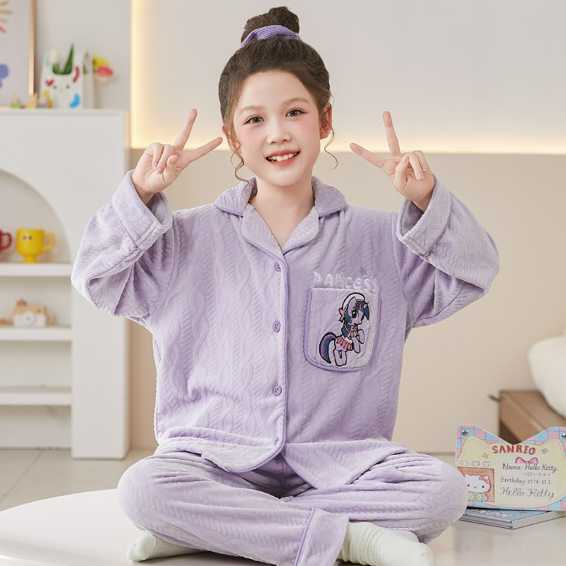 女童法兰绒睡衣秋冬中大童紫悦加绒加厚开衫珊瑚绒打底保暖家居服