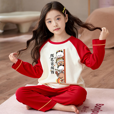 儿童睡衣女童红色秋衣裤纯棉套装