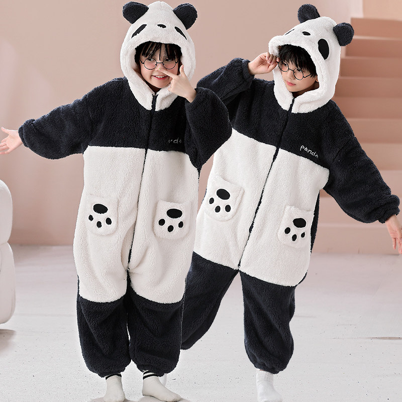 男童冬天保暖睡袋女童珊瑚绒连体睡衣中大童熊猫家居服儿童秋冬装