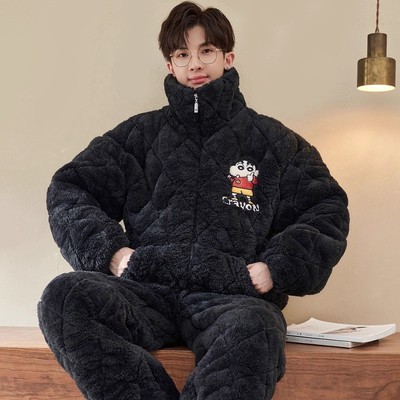 男士三层夹棉睡衣冬季珊瑚绒套装