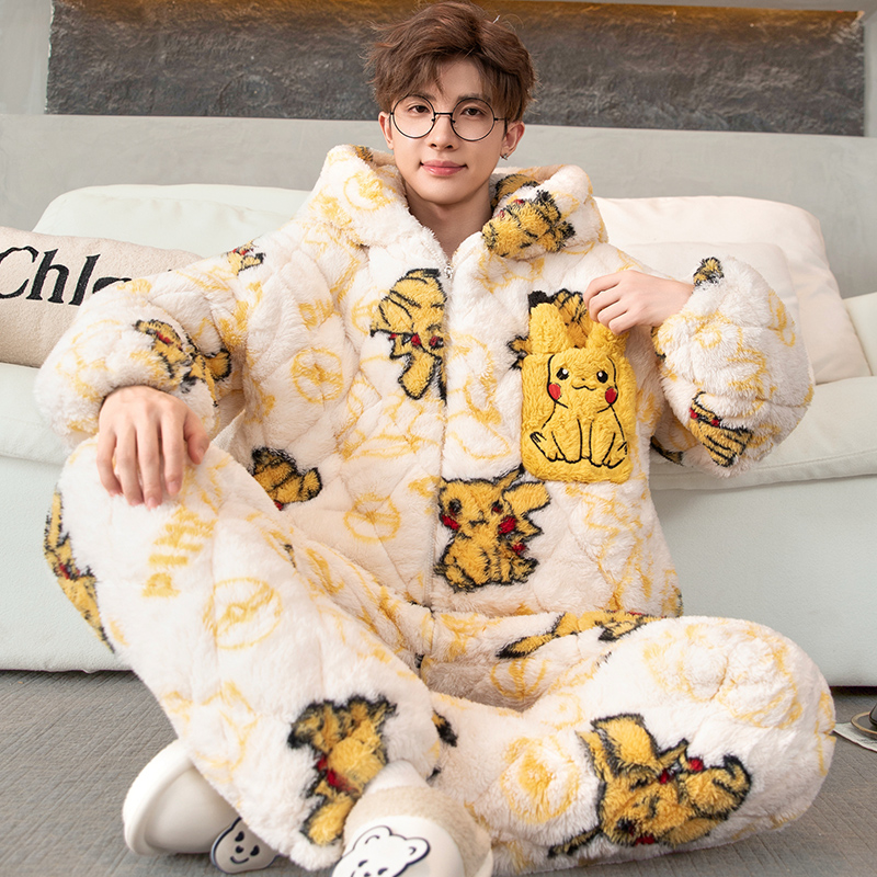 睡衣男珊瑚绒冬装保暖三层夹棉服