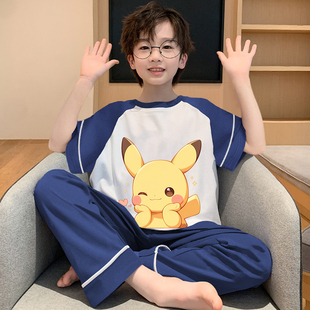 可爱卡通男孩宝宝家居服 皮卡丘儿童睡衣短袖 纯棉男童薄款 夏季 套装