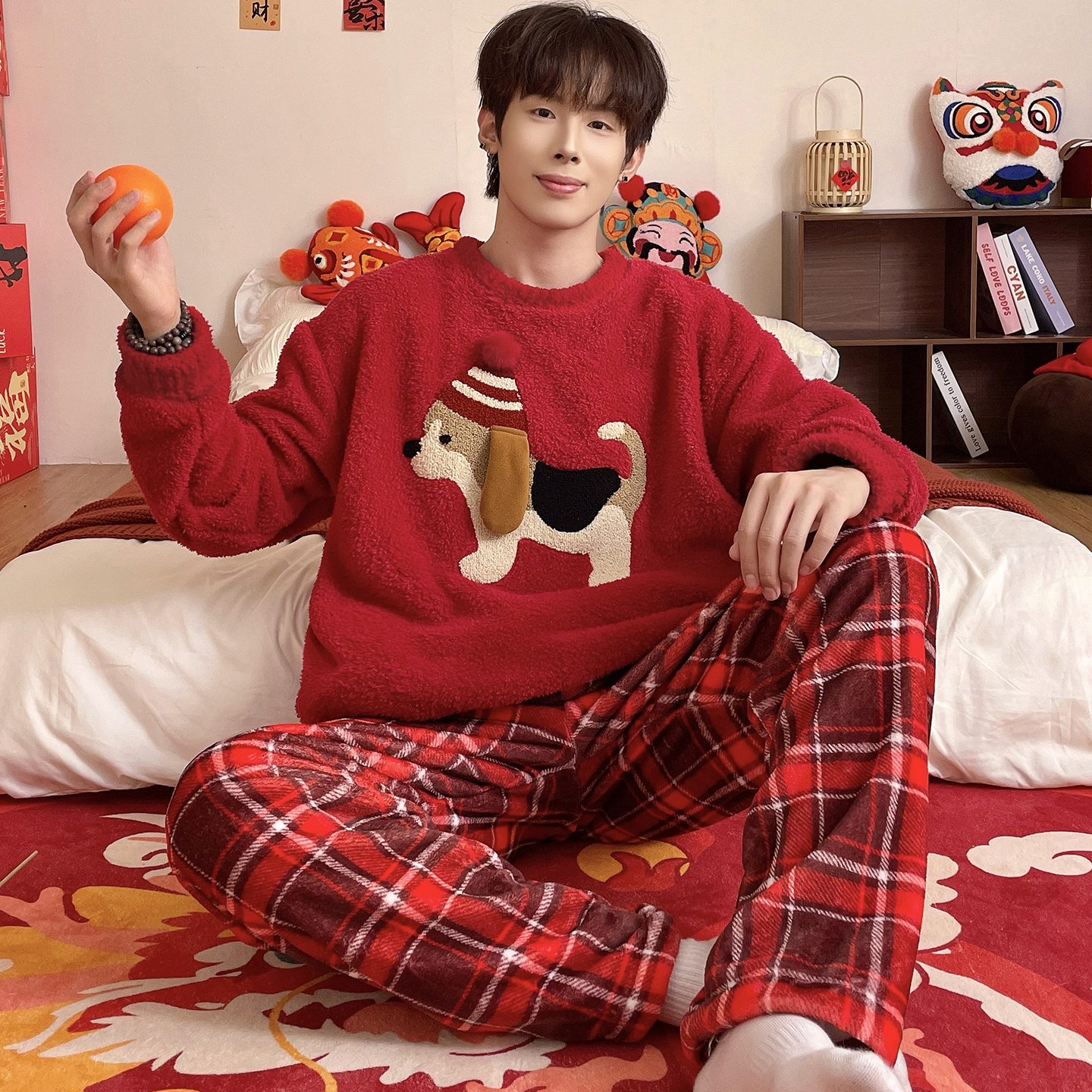 睡衣男本命年冬季半边绒红色套装