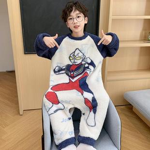 儿童连体睡衣秋冬季男童法兰绒加厚保暖珊瑚绒小男孩奥特曼家居服