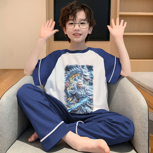 套装 男童纯棉睡衣夏季 长裤 短袖 青少年夏天敖光男孩家居服 儿童薄款