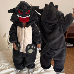 女童连体睡衣珊瑚绒男童冬季睡袋中大童宝可梦耿鬼儿童家居服冬款