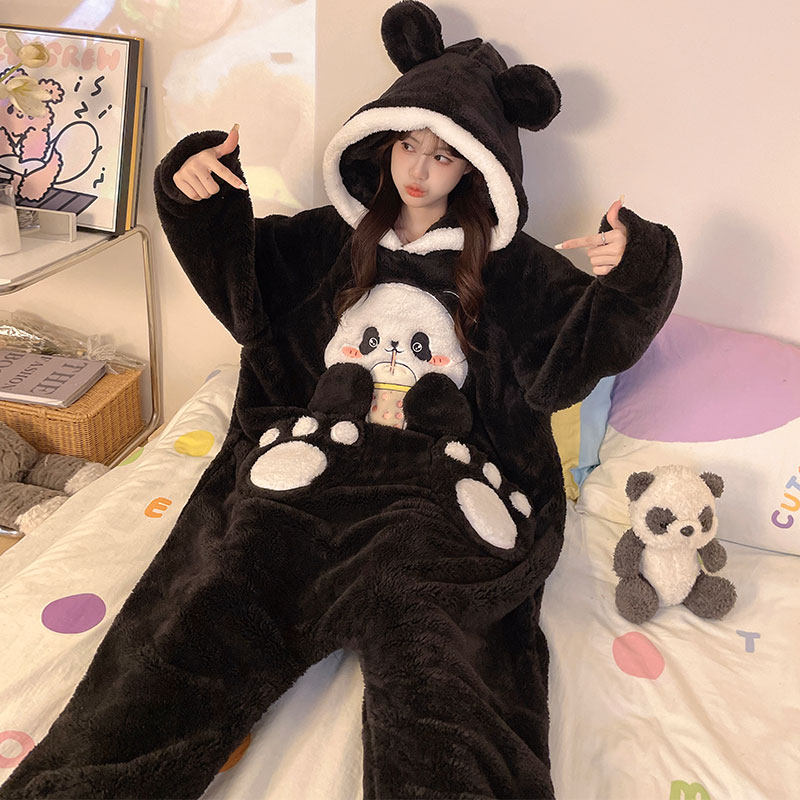 女童连体睡衣儿童panda熊猫珊瑚绒女孩秋冬款拉链款睡袋女款冬季