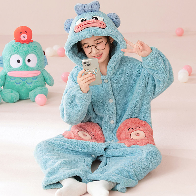 可爱丑鱼女童珊瑚绒连体衣睡袍两穿秋冬季加厚长款睡裙女孩家居服