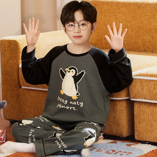 儿童企鹅睡衣男孩衣服青少年2026新款家居服男童长袖全棉春季套装