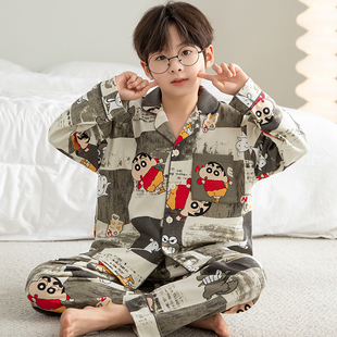 全棉男童睡衣初中生蜡笔小新中大童家居服纯棉儿童春秋款长袖套装