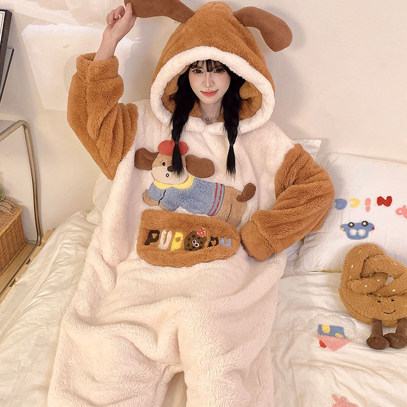 连体睡衣女款珊瑚绒冬季加绒加厚连帽法兰绒家居服可爱腊肠狗睡袋