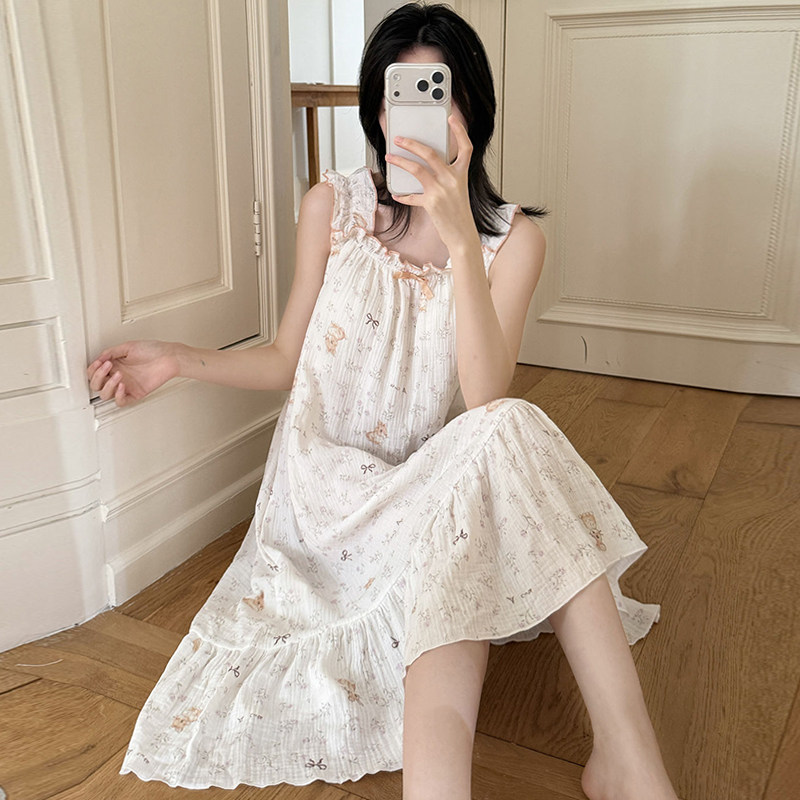 女士家居服棉纱女款夏季吊带睡裙