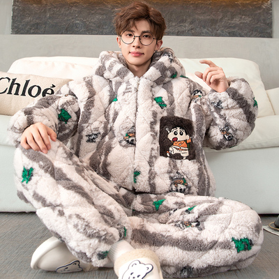 男款冬季家居服套装三层夹棉袄