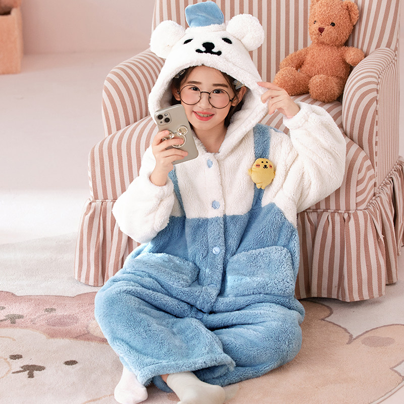 女童珊瑚绒睡袍儿童冬季连体睡衣2025新款中大童初中生两穿式冬装