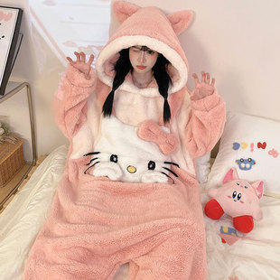 睡衣女款冬季2025新款睡袋hellokitty少女甜美家居服珊瑚绒连体衣