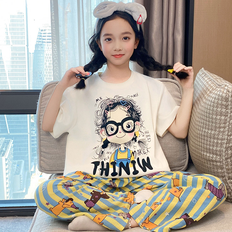 三件套女童睡衣2026新款夏季纯棉薄款眼镜女孩短袖长裤儿童家居服