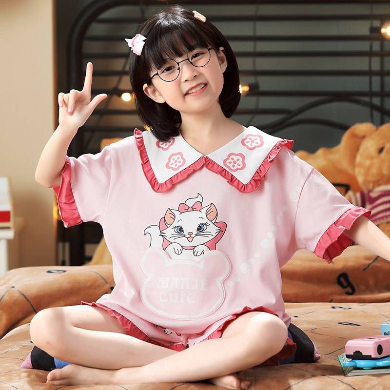 粉色卡通小猫公主风儿童睡衣女中大童女孩夏天短袖纯棉薄款家居服