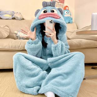 小丑鱼睡衣连体女秋冬季 加厚珊瑚绒少女法兰绒睡袍浴家居服初中生