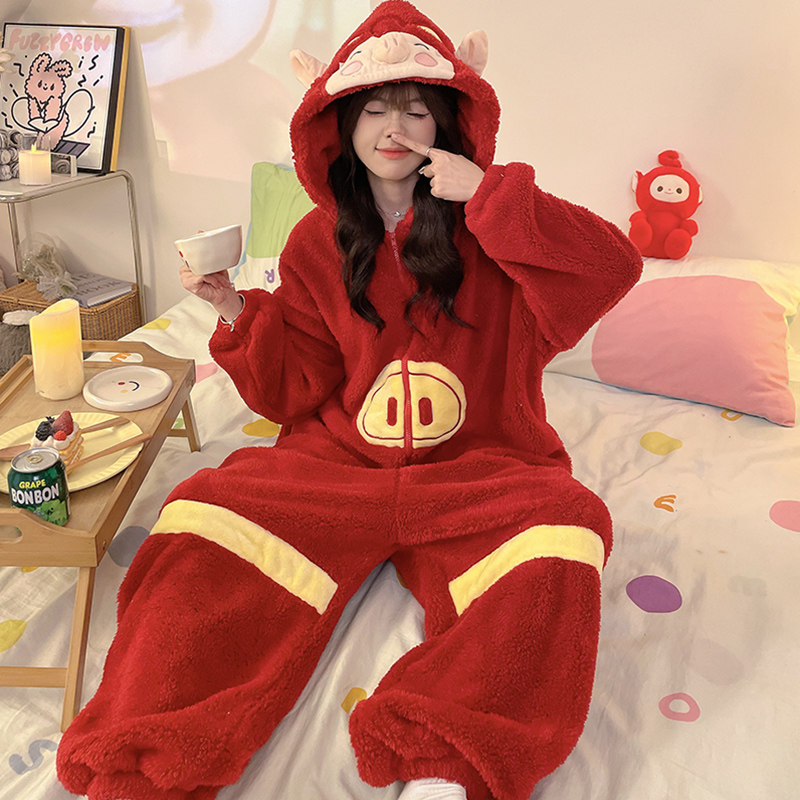 女款睡衣连体珊瑚绒秋冬季加厚保暖睡袋猪猪侠本命年马年家居服冬