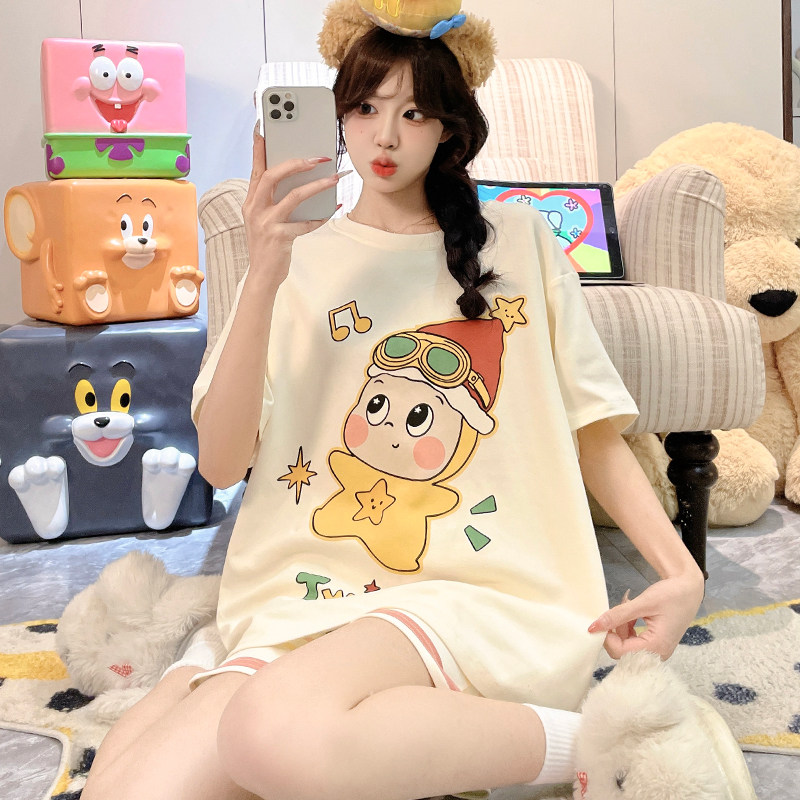 条纹星星人夏季纯棉睡衣女短袖