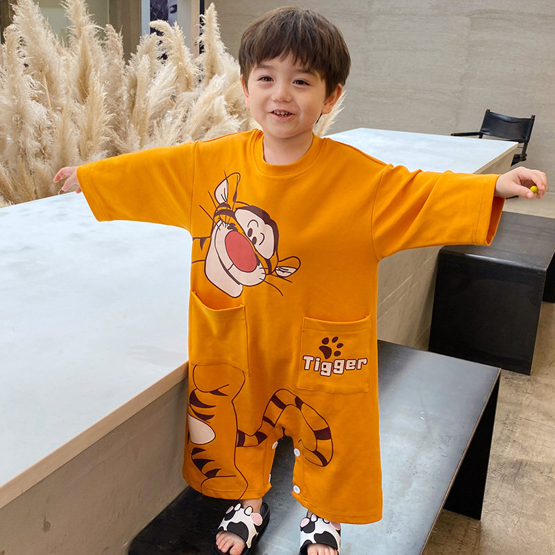 儿童连体睡衣春秋纯棉长袖男孩中小童宝宝家居服连身防踢卡通印花
