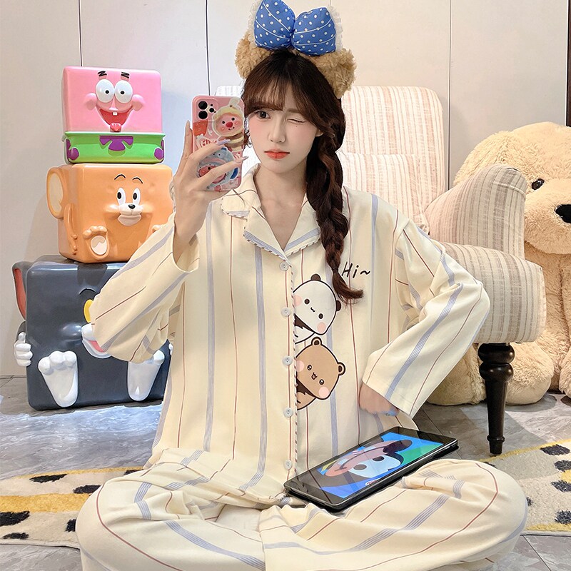 纯棉睡衣少女款春秋季长袖甜美女孩初中学生加大码胖mm秋款家居服