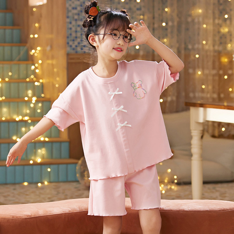 夏天甜美少女薄款纯棉家居服套装夏季文艺女孩短袖两件套可爱女童