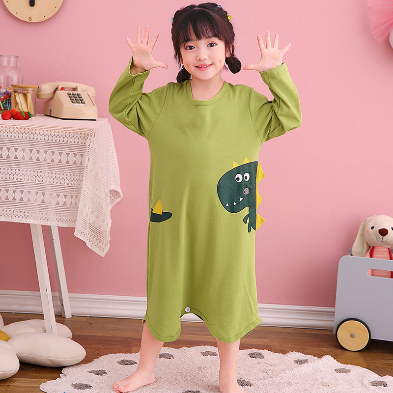 春秋女孩连体睡衣薄款长袖空调服卡通恐龙纯棉防着凉防踢女童睡衣