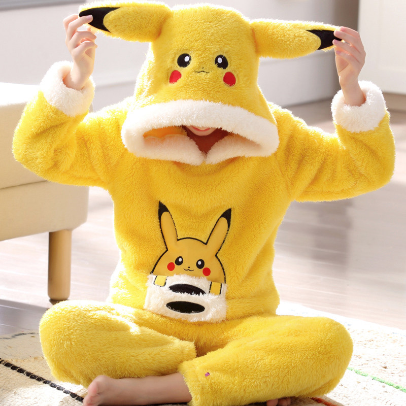 皮卡丘男孩睡衣加厚加绒法兰绒可爱宝宝男童珊瑚绒卡通居家保暖服