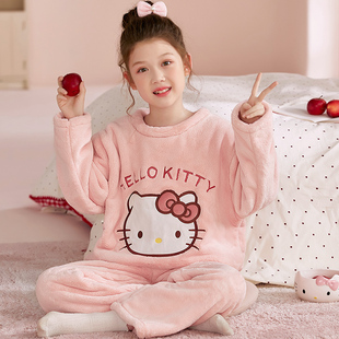 2025新款女童睡衣冬季珊瑚绒加厚儿童套装hellokitty小女孩家居服
