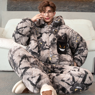 耿鬼睡衣男2025新款三层夹棉冬季套装青少年宝可梦学生外穿家居服