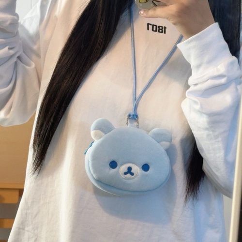 猫范蓝轻松熊小包笑脸可爱毛绒挂脖包搞怪表情耳机卡包收纳零钱包