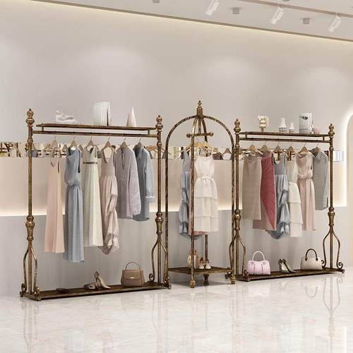 欧式铁艺覆古服装架服装店展示架古铜挂衣架加大加粗落地服装货架