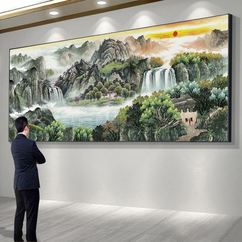 流水生财聚宝盆山水画客厅沙发背景墙挂画办公室装饰画字画壁画