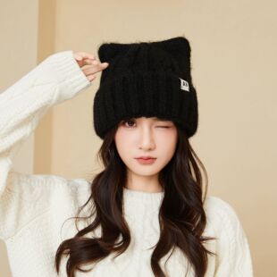 日系秋冬季针织帽子女时尚字母保暖护耳防寒冷帽可爱猫耳朵套头帽